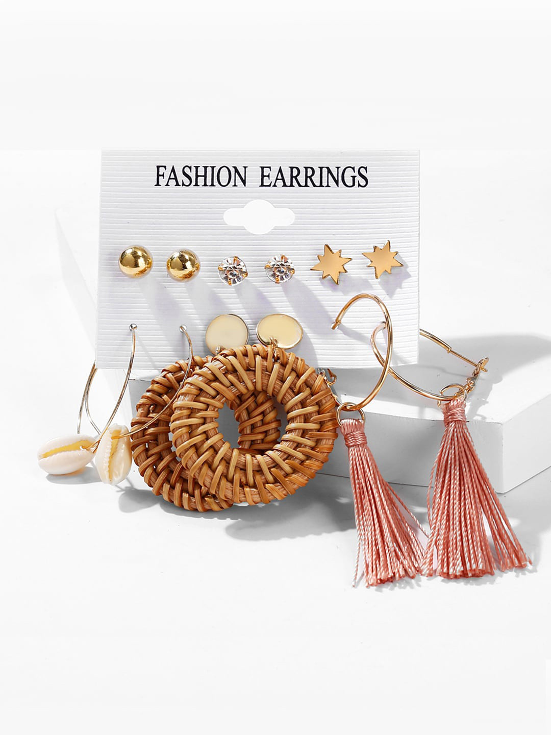 

Yellow Chimes Set of 6 Pairs Gold Plated Thread Tassel Stud Hoop Earrings, Multi