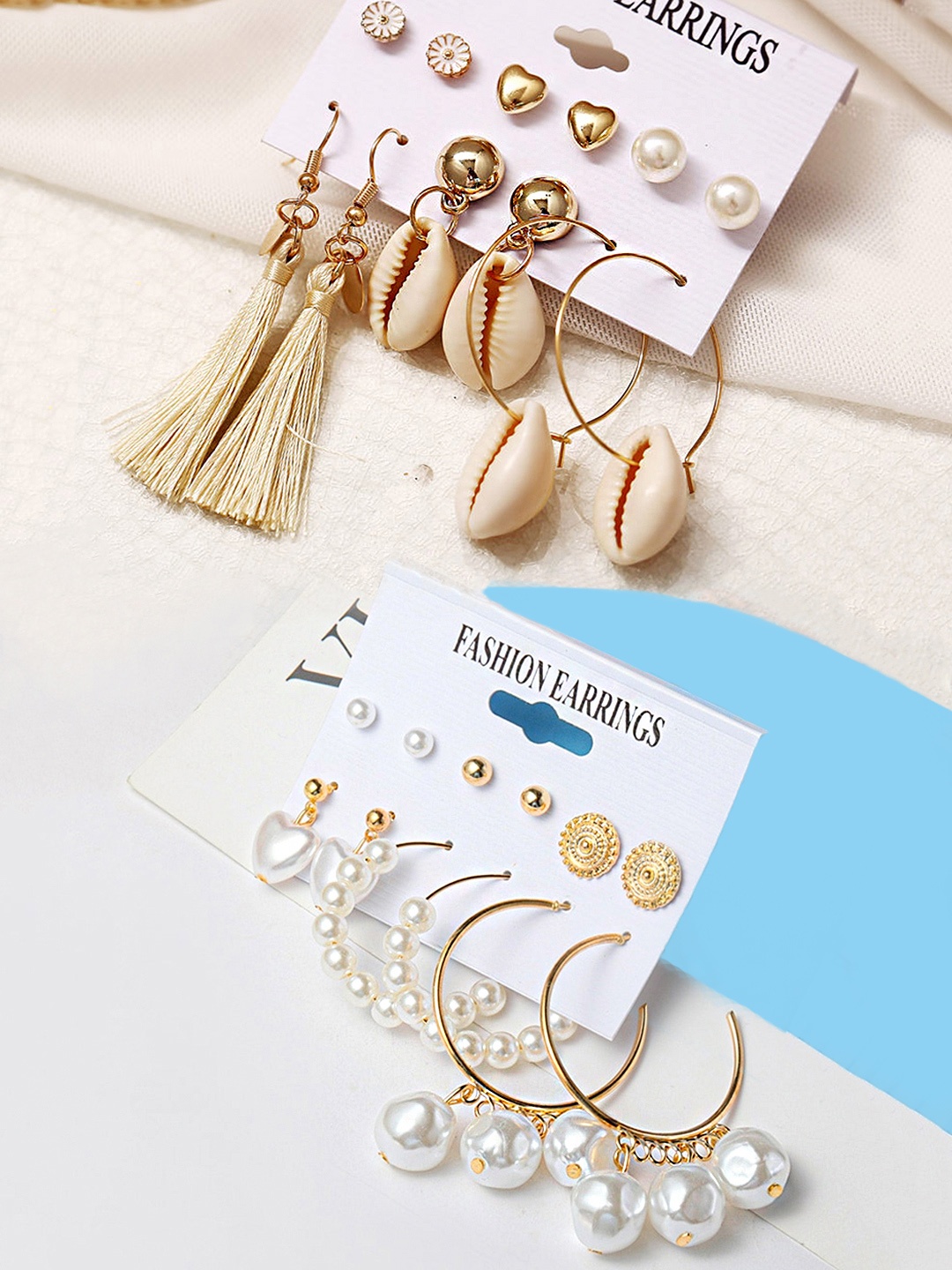 

Yellow Chimes Set Of 12 Gold-Toned Pearl & Shell Earrings, Multi