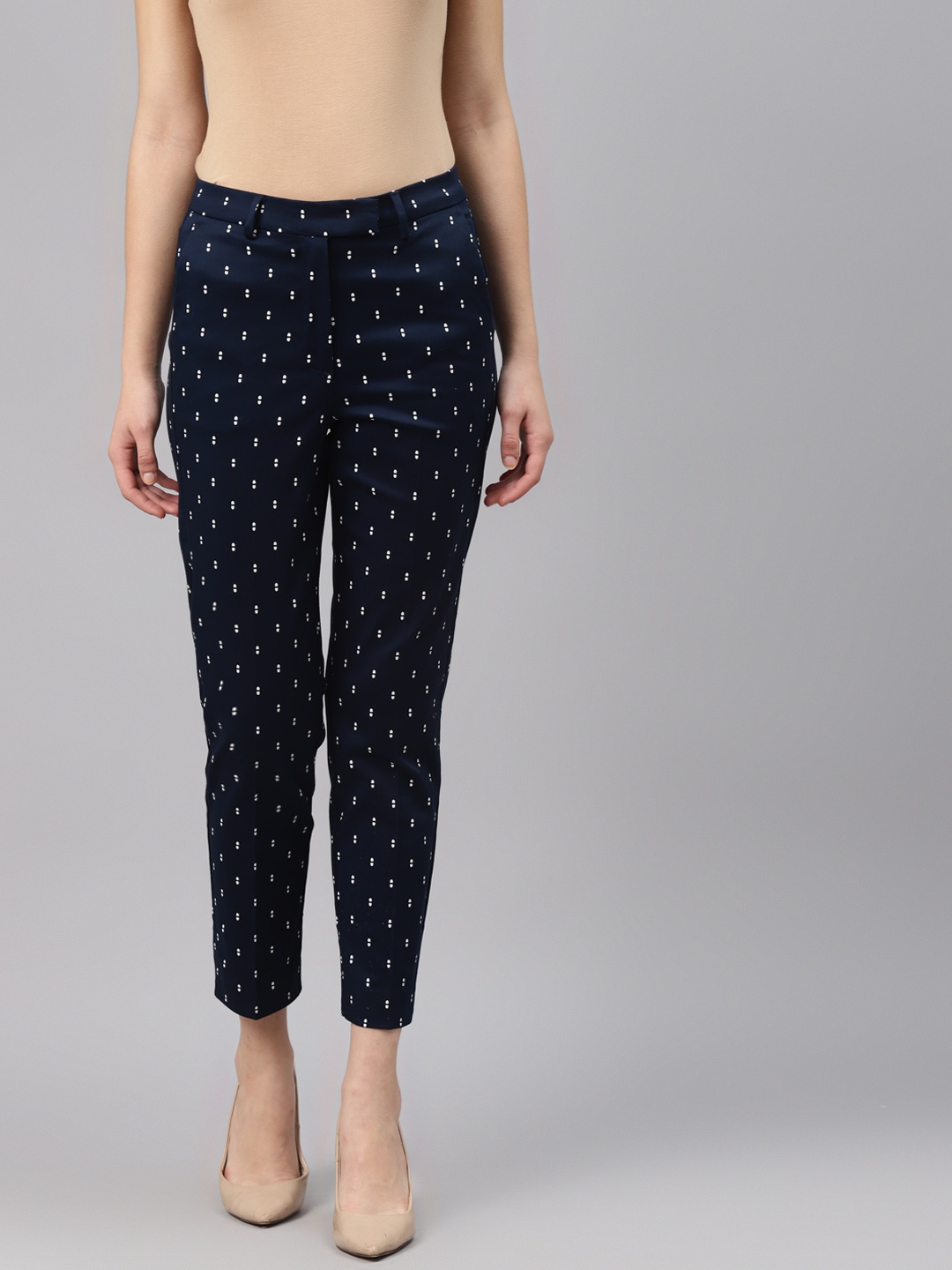 

Marks & Spencer Women Navy Blue & White Micro Ditsy Print Cropped Trousers