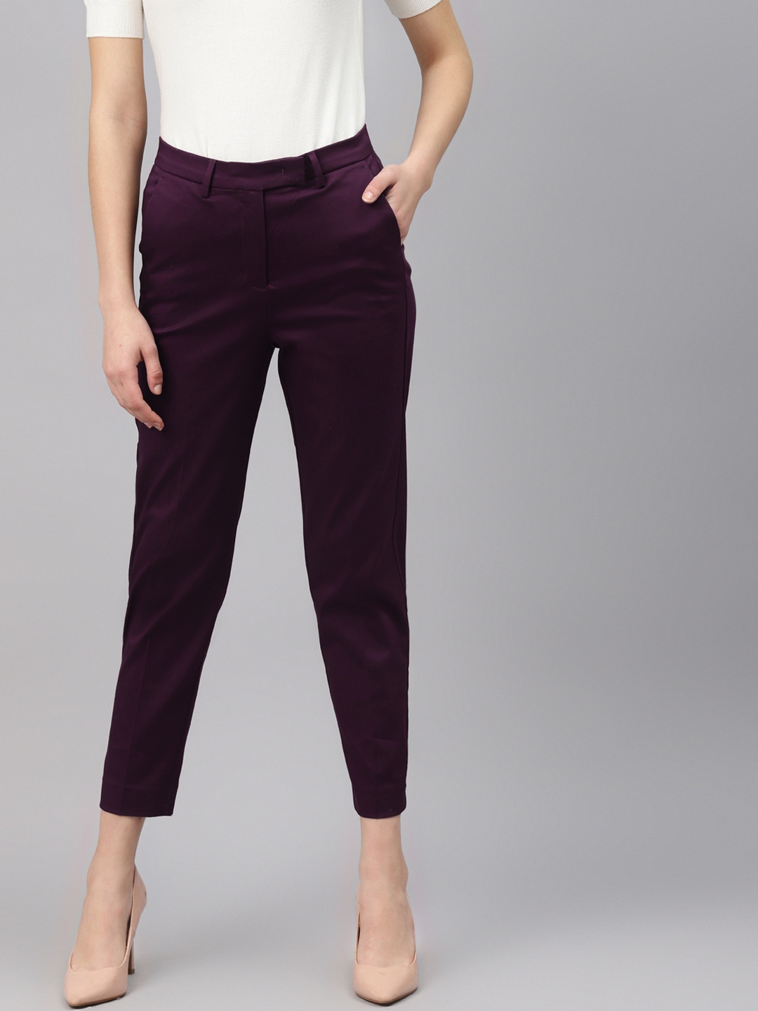 

Marks & Spencer Women Burgundy Solid Straight Fit Mid-Rise Cropped Trousers