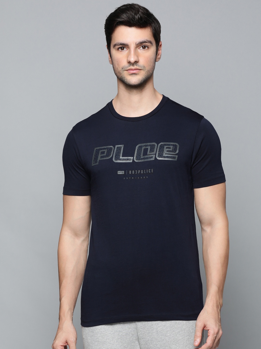 

883 Police Men Navy Blue Cotton Favre Brand Logo T-shirt