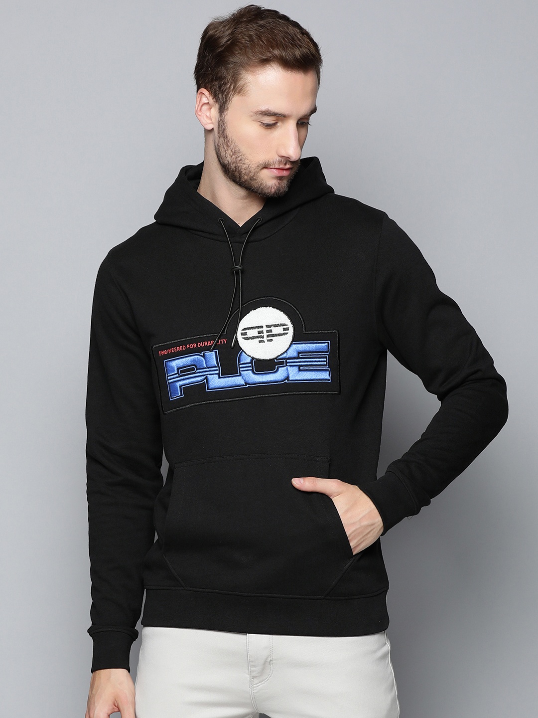

883 Police Men Black & Blue Brand Logo Embroidered Pure Cotton Hooded Sweatshirt