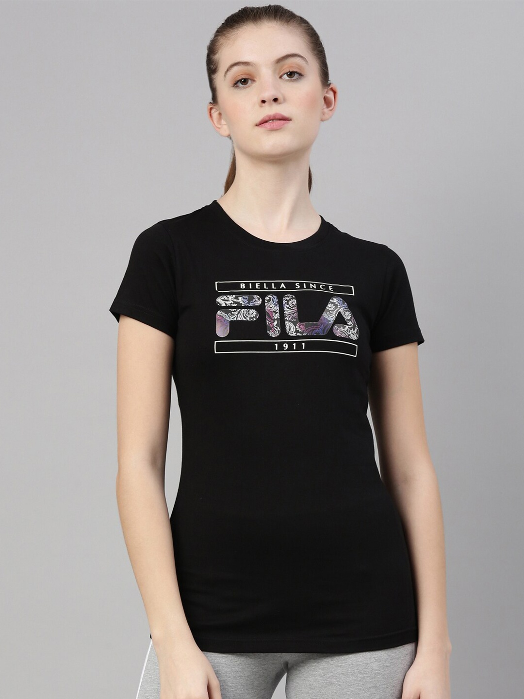 

FILA Women Black Typography Printed T-shirt