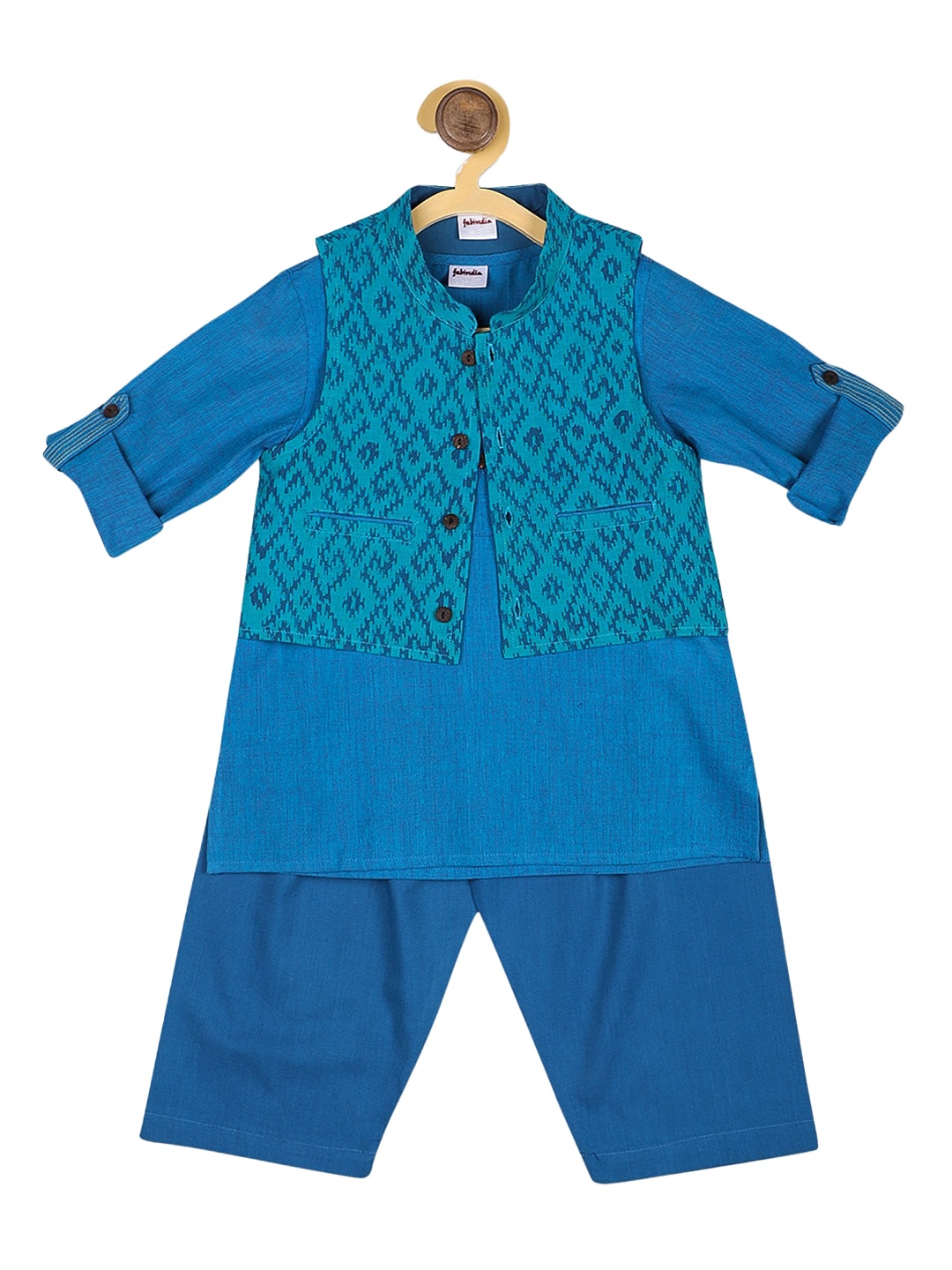 

Fabindia Boys Blue Embroidered Regular Pure Cotton Kurta with Pyjamas & Nehru Jacket