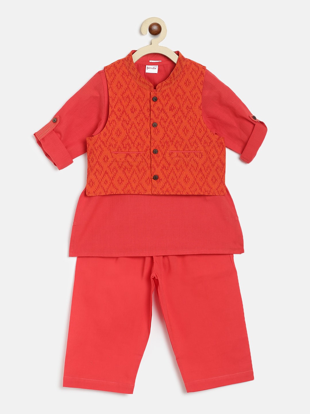 

Fabindia Boys Orange Regular Pure Cotton Kurta & Pyjamas With Nehru Jacket