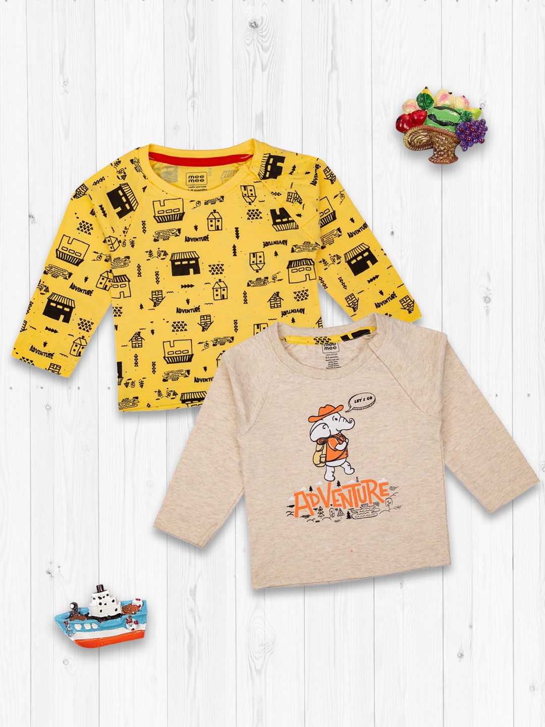 

MeeMee Boys Pack Of 2 Beige & Yellow Printed Pure Cotton T-shirt