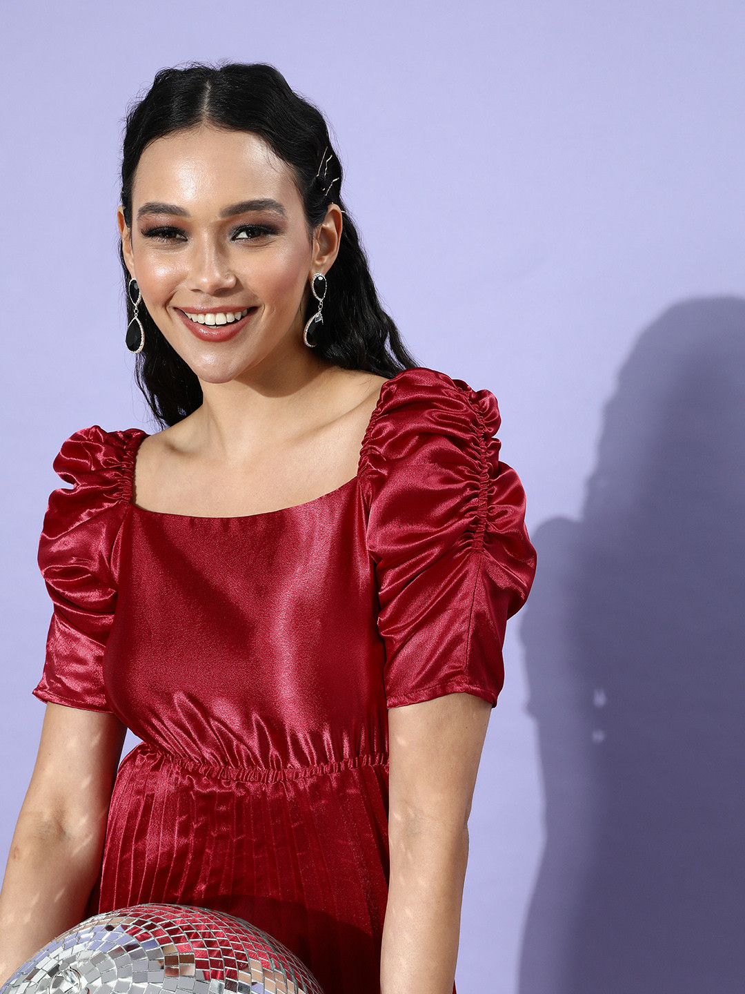 

U&F Women Charming Maroon Solid Pleated Dress