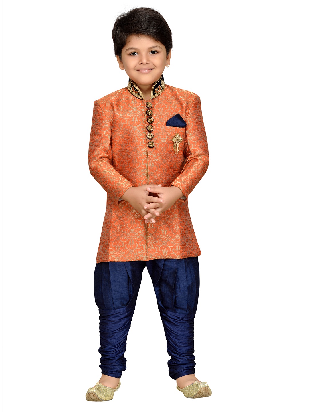 

Aj DEZInES Boys Orange & Navy-Blue Woven-Design Brocade Sherwani Set