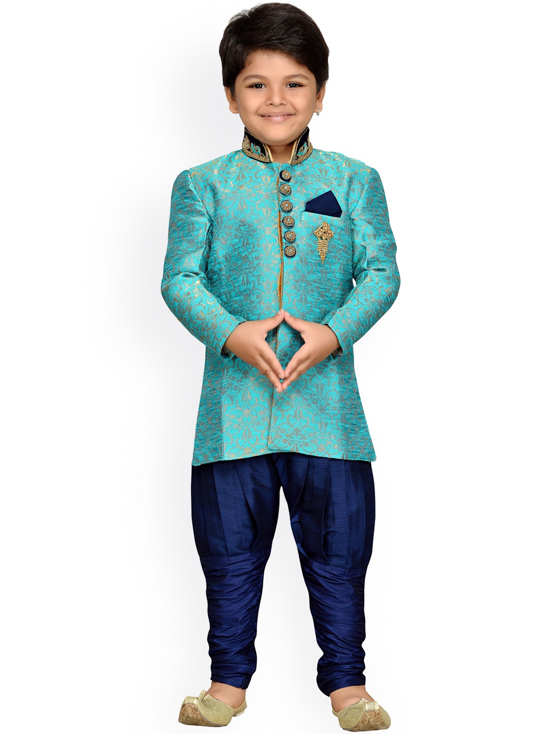 

Aj DEZInES Boys Turquoise Blue & Navy Blue Embroidered Indo Western Sherwani Set