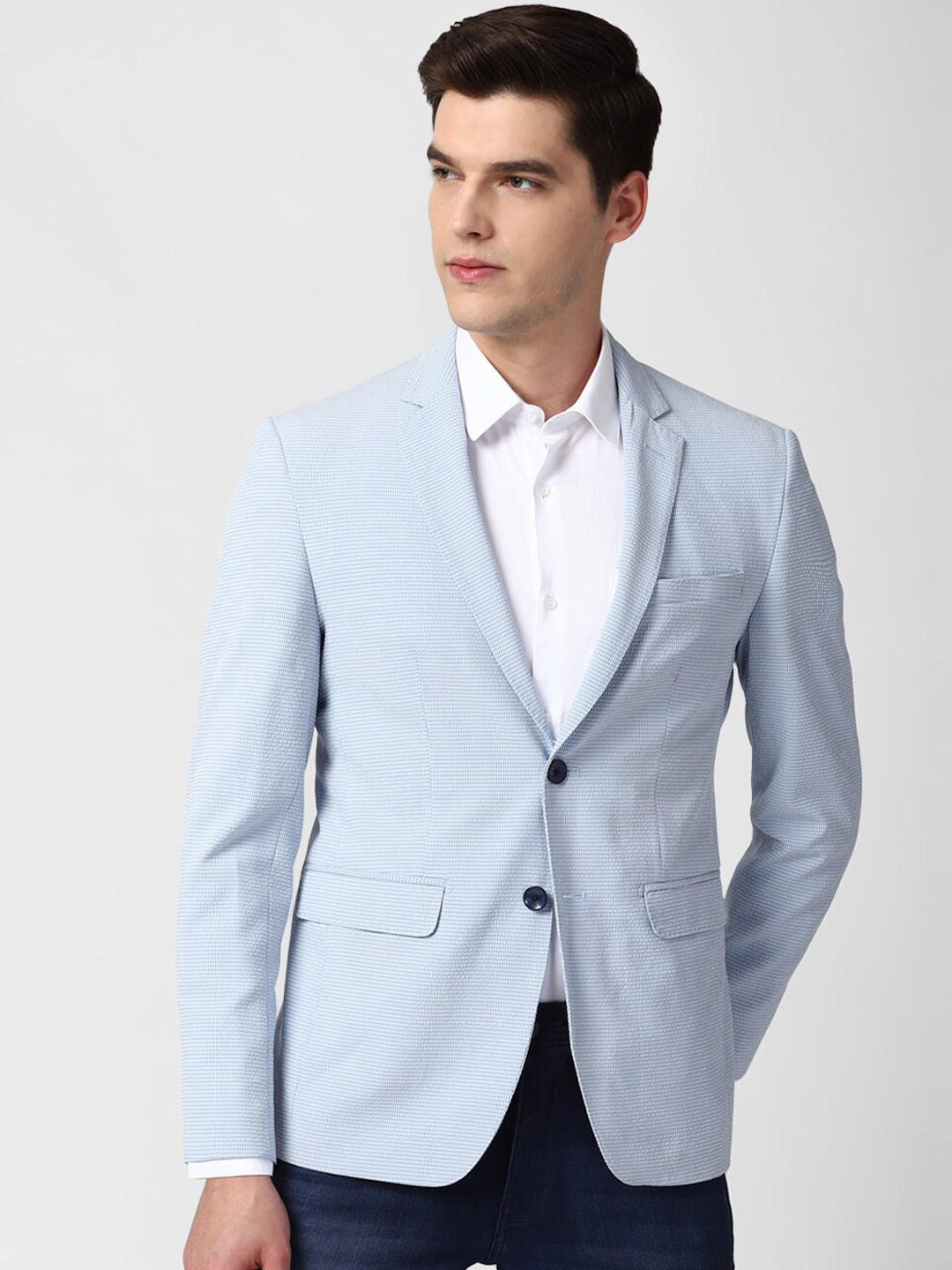 

Peter England Elite Men Blue & White Checked Single-Breasted Formal Blazer