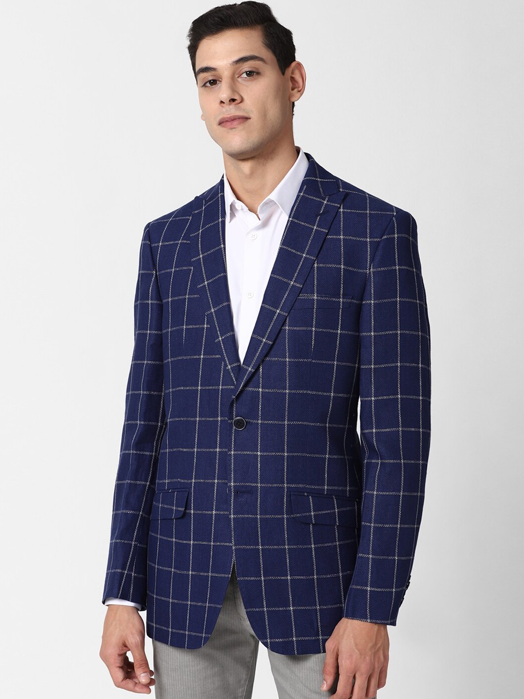 

Peter England Elite Men Navy Blue & Grey Checked Single-Breasted Formal Blazer