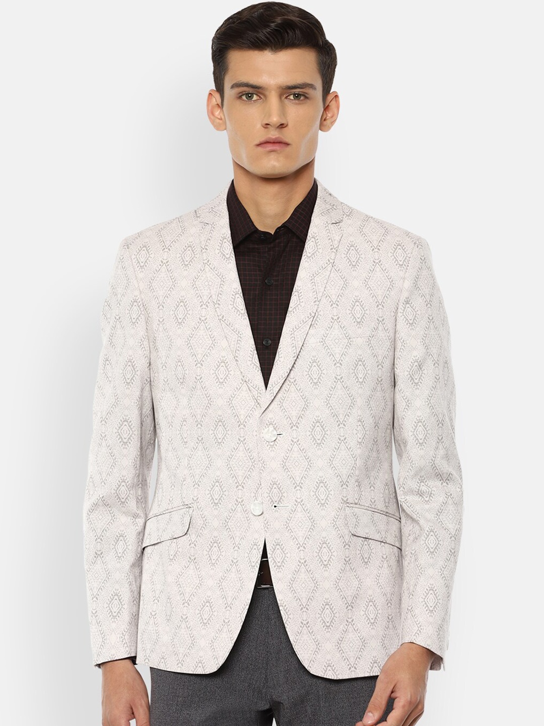 

V Dot Men Grey & White Printed Single Breasted Blazer