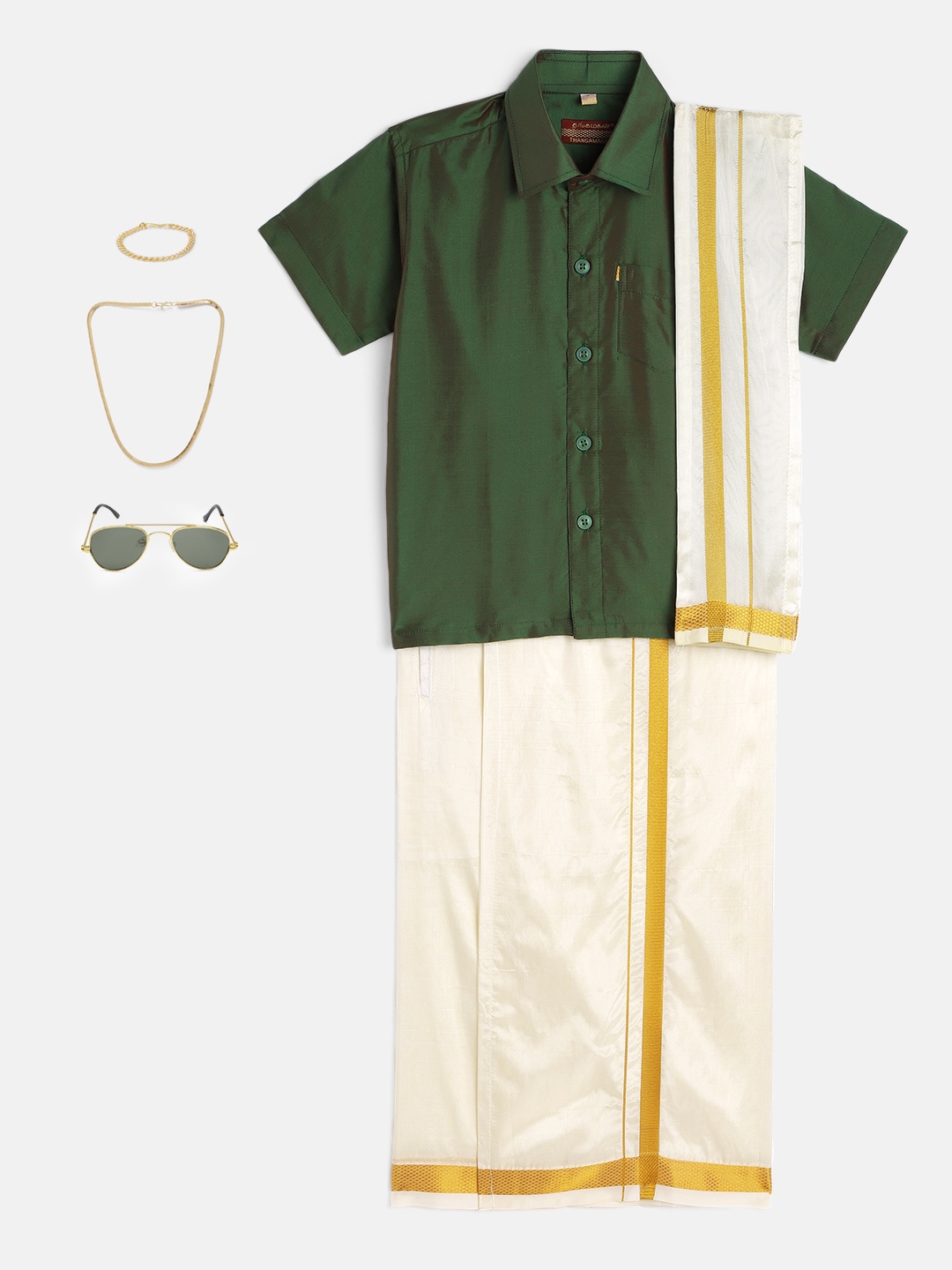 

THANGAMAGAN Boys Green & Cream-Coloured Solid Shirt with Dhoti Pants & Freebies Set