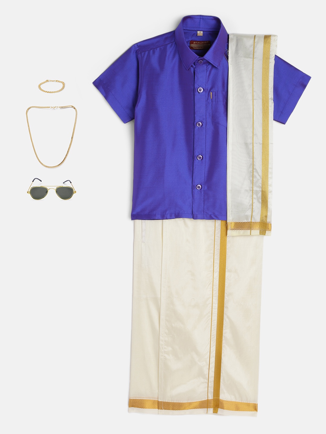 

THANGAMAGAN Boys Blue & Cream-Coloured Solid Shirt with Dhoti Pants & Freebies Set