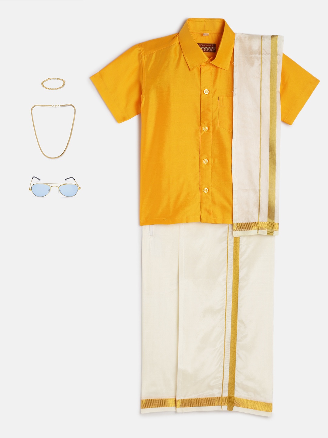 

THANGAMAGAN Boys Mustard Yellow & Cream-Coloured Shirt - Lungi - Angavastram & Accessories