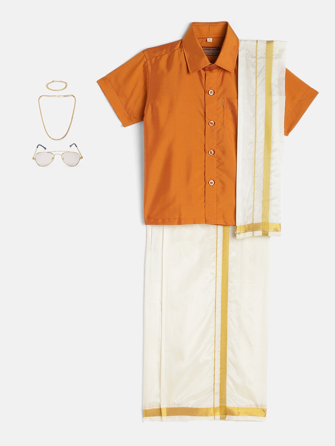 

Thangamagan Boys Set - Self-attaching Dhoti-Shirt-Towel with Freebies Set, Orange