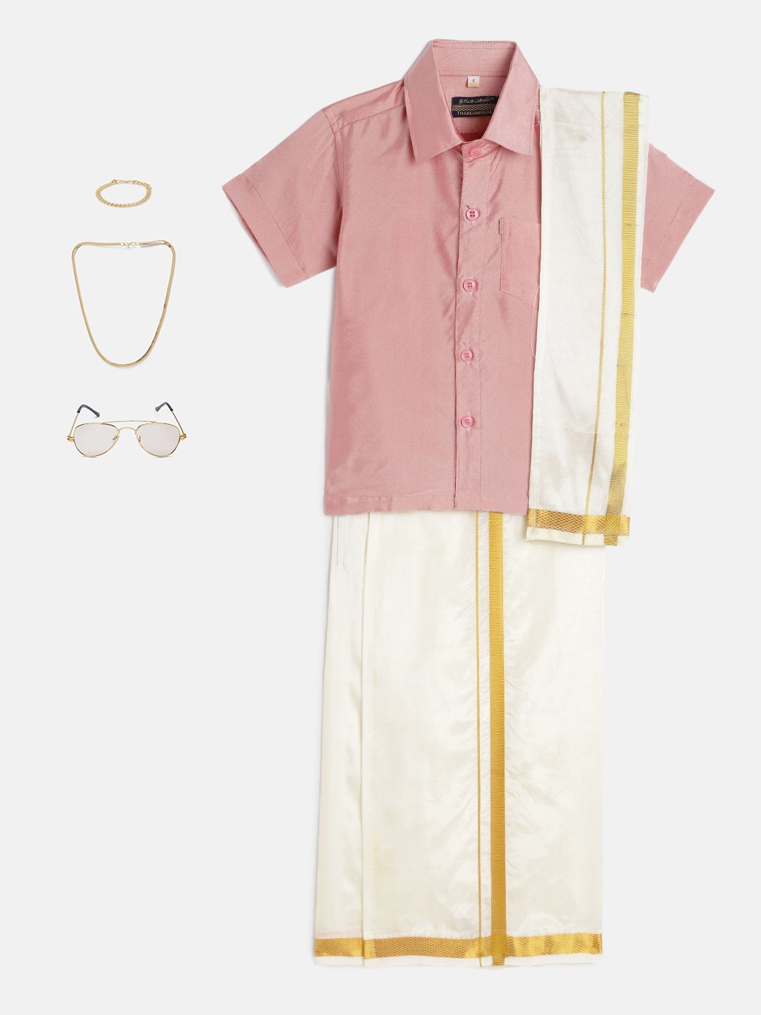 

THANGAMAGAN Boys Pink & Cream-Coloured Solid Shirt with Dhoti Pants & Freebies Set