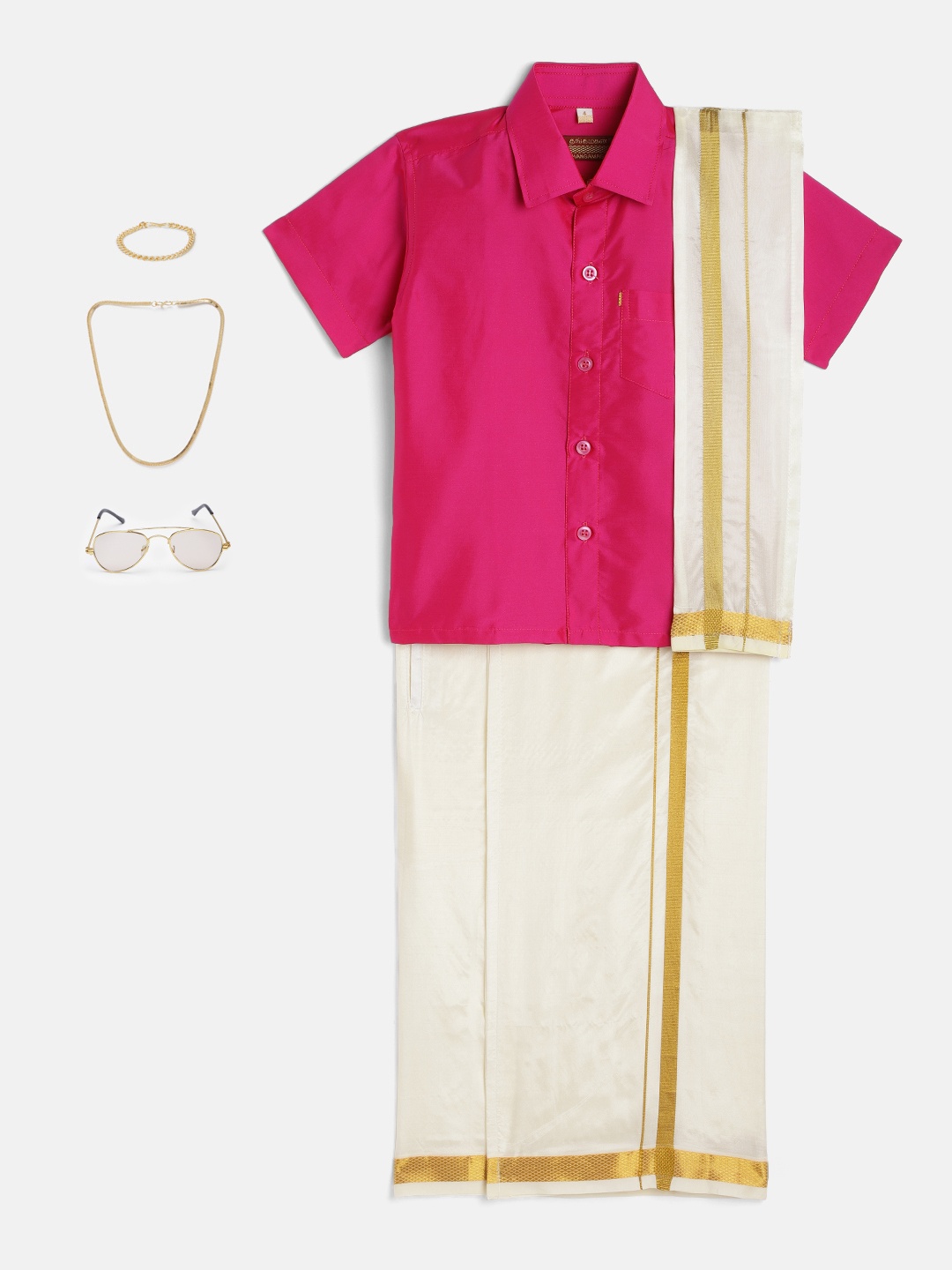 

THANGAMAGAN Boys Rose Shirt with Self-attaching Dhoti, Towel And Freebies Set