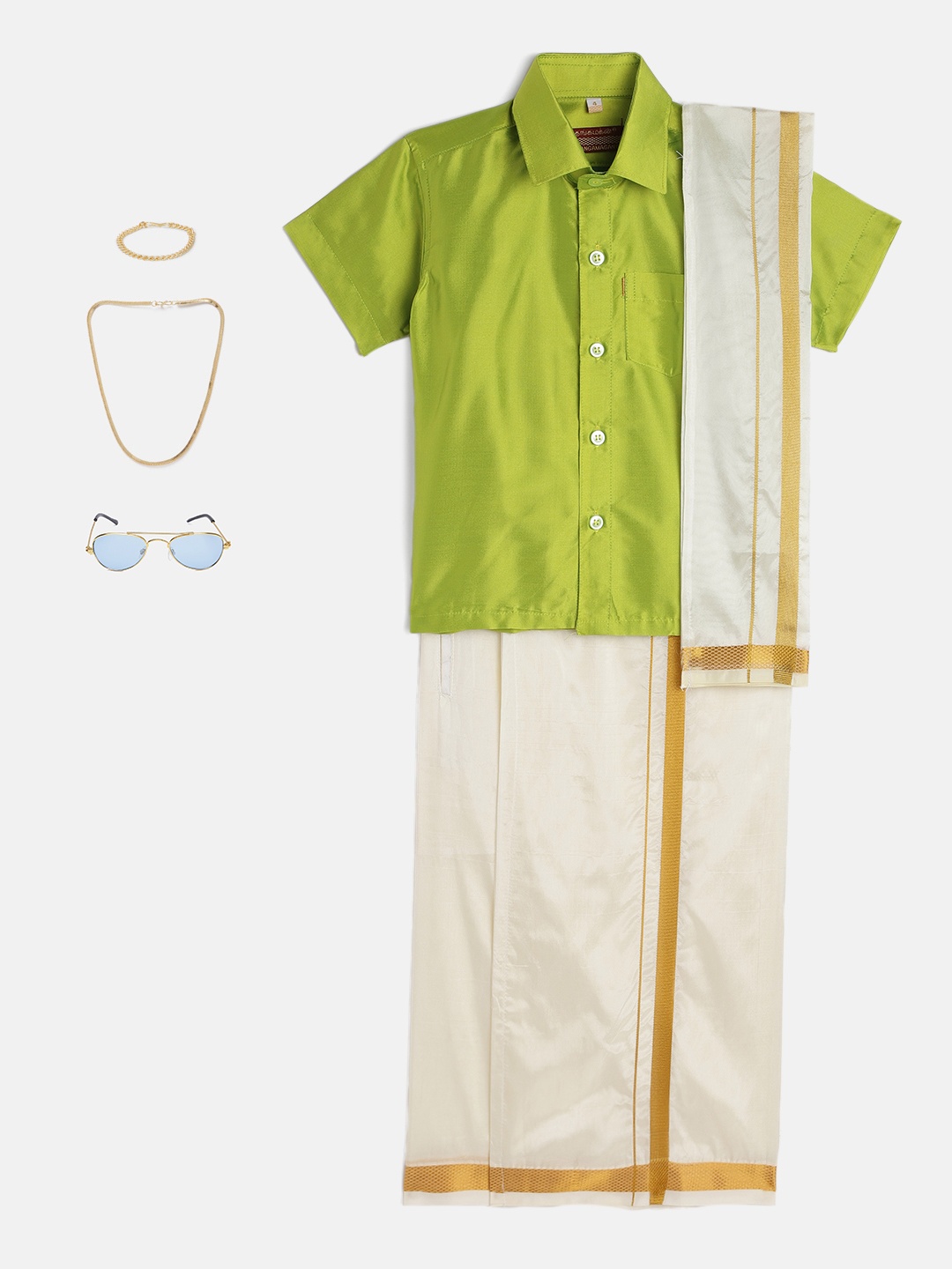 

THANGAMAGAN Boys Lime Green & Cream-Coloured Solid Shirt with Dhoti Pants & Freebies Set