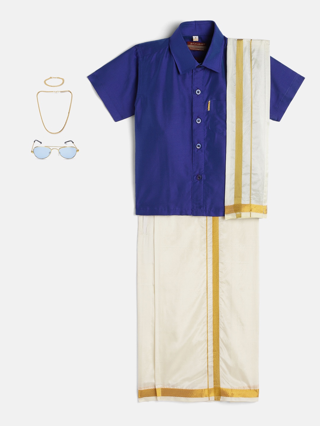 

Thangamagan Boys Set - Self-attaching Dhoti-Shirt-Towel with Freebies Set, Blue
