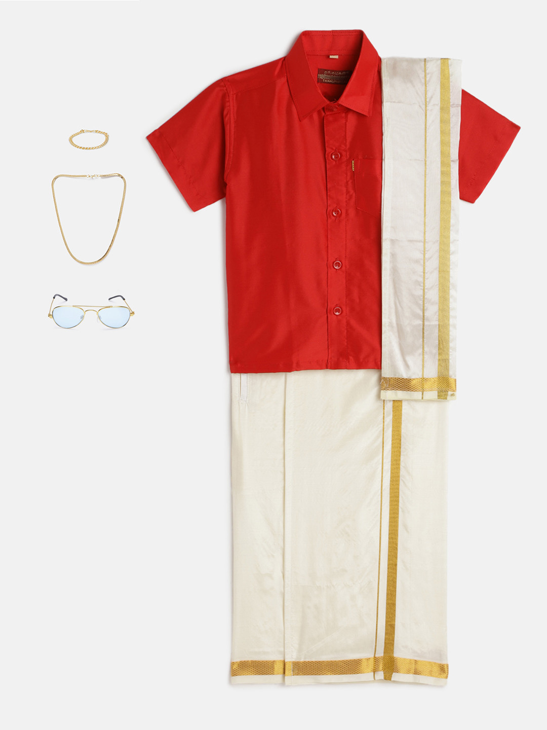 

THANGAMAGAN Boys Red & Cream-Coloured Shirt - Lungi - Angavastram & Accessories