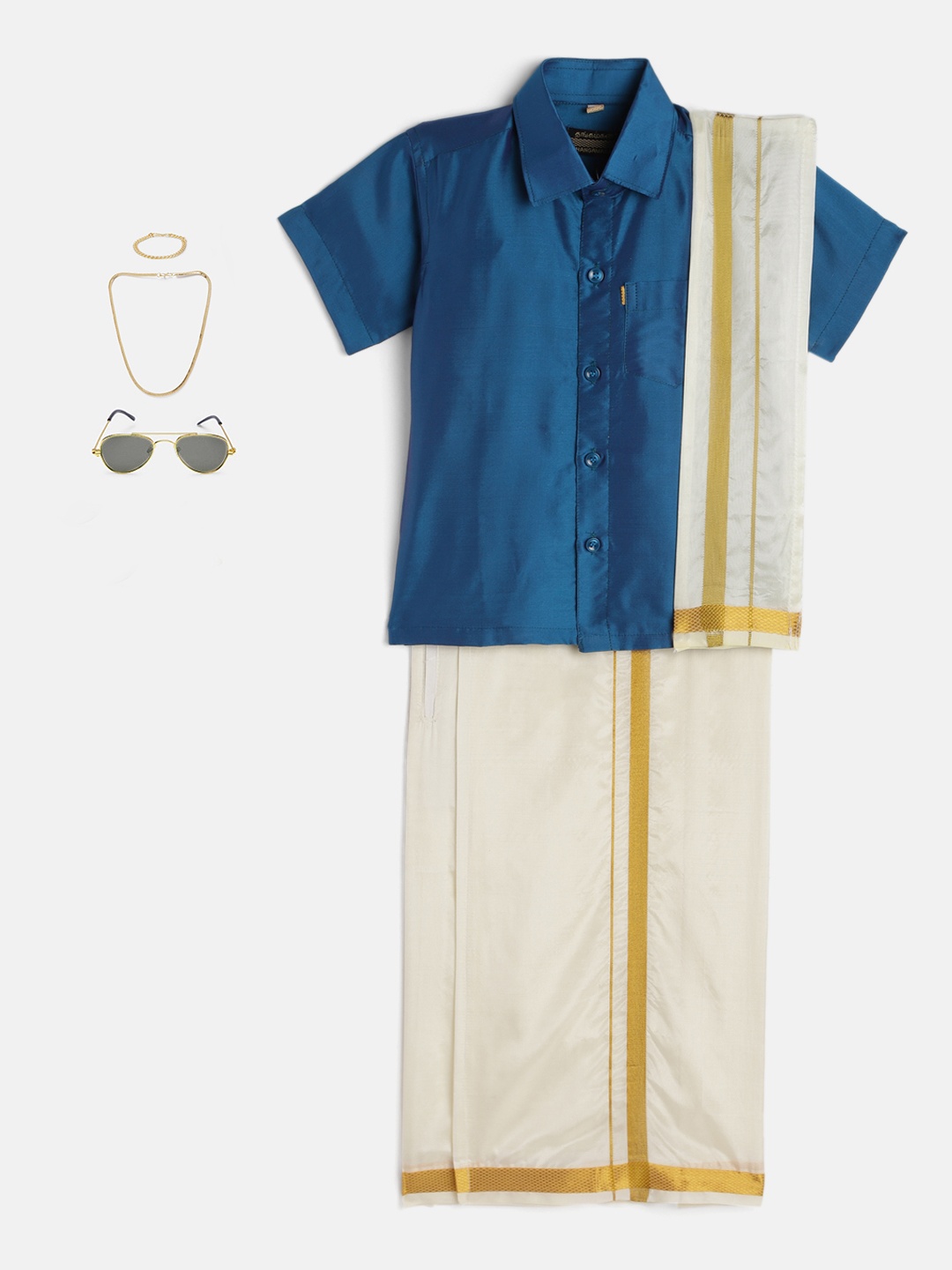 

Thangamagan Boys Set - Self-attaching Dhoti-Shirt-Towel with Freebies Set, Blue