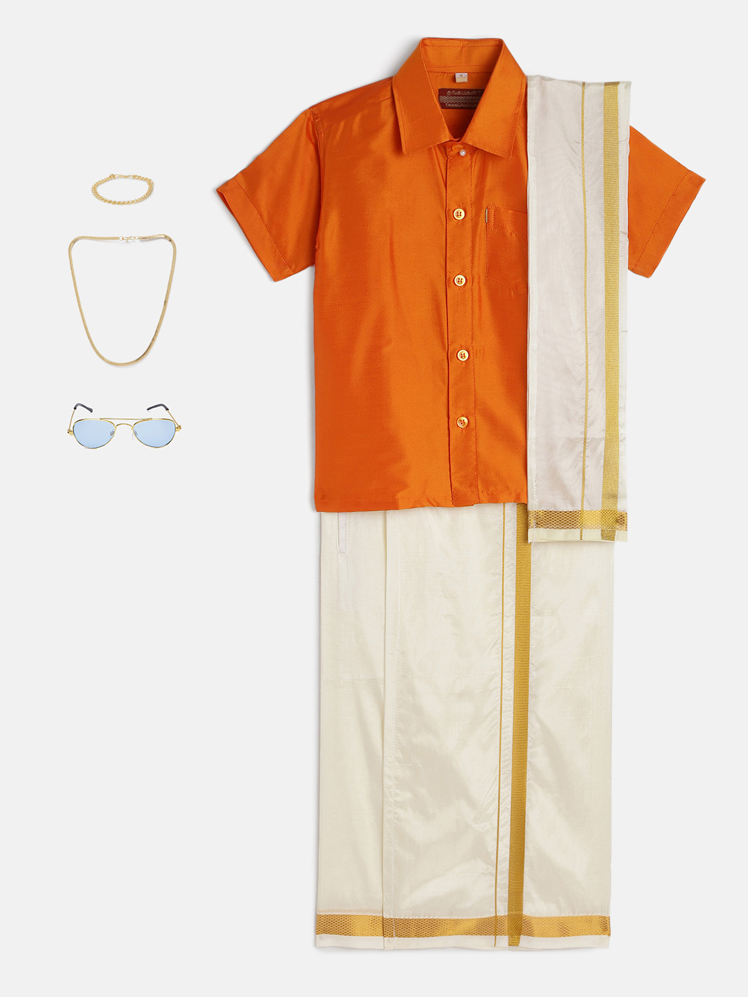 

THANGAMAGAN Boys Orange & Cream-Coloured Solid Shirt with Dhoti Pants & Freebies Set