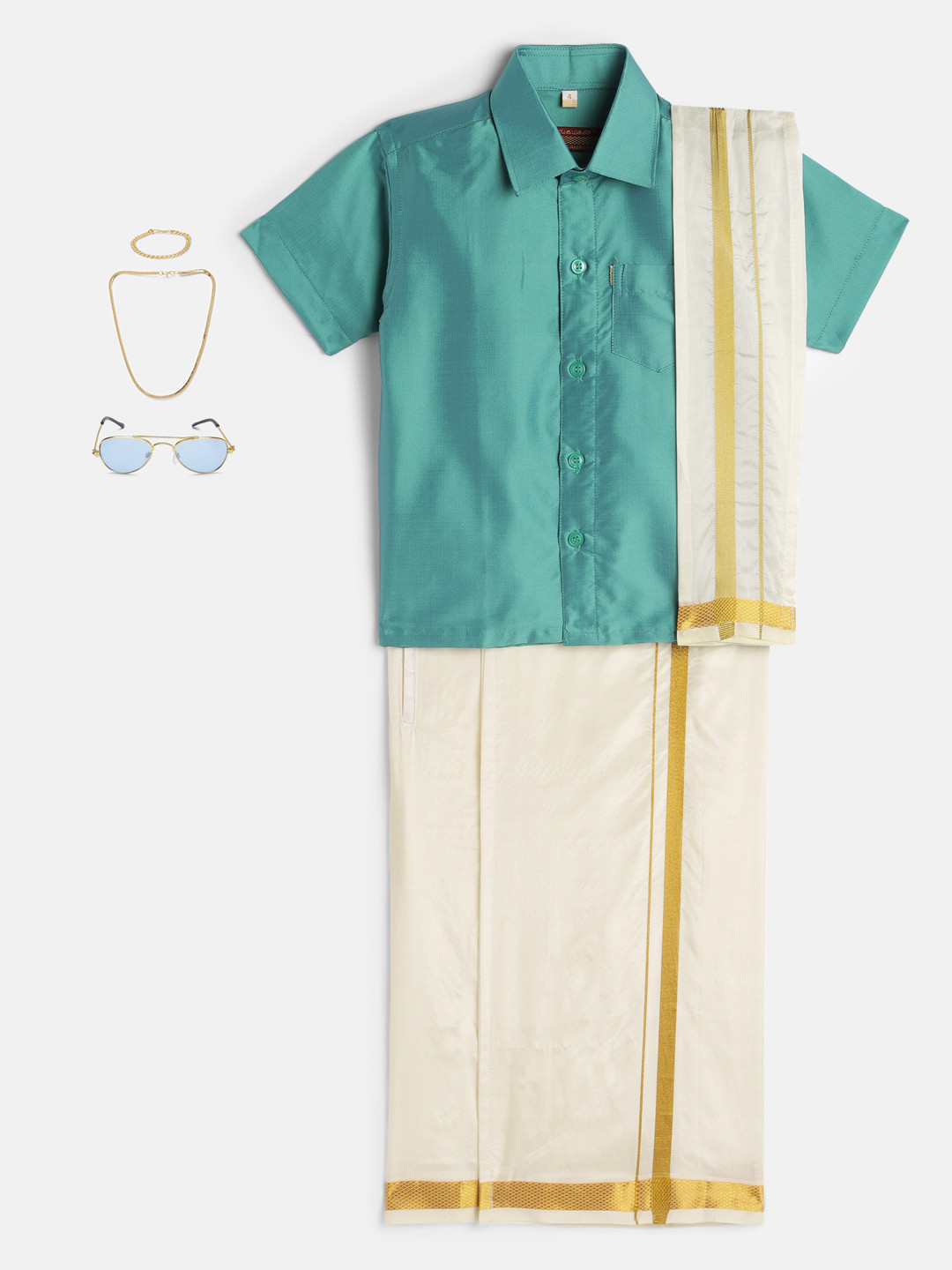 

THANGAMAGAN Boys Sea Green & Cream-Coloured Shirt - Lungi - Angavastram & Accessories