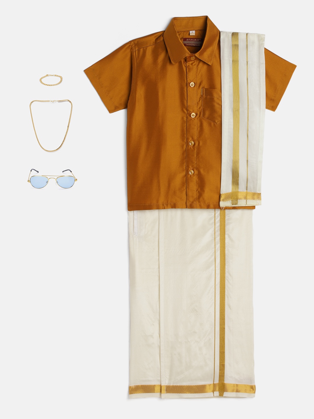 

THANGAMAGAN Boys Mustard Shirt with Self-attaching Dhoti, Towel And Freebies Set