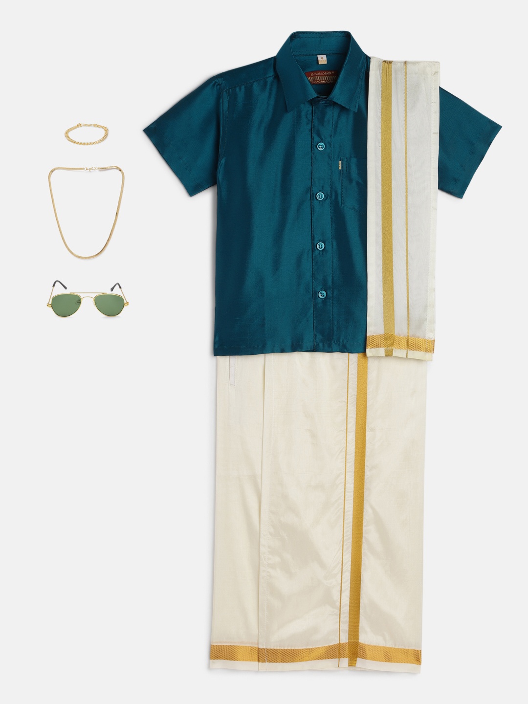 

THANGAMAGAN Boys Teal Blue & Cream-Coloured Solid Shirt with Dhoti Pants & Freebies Set