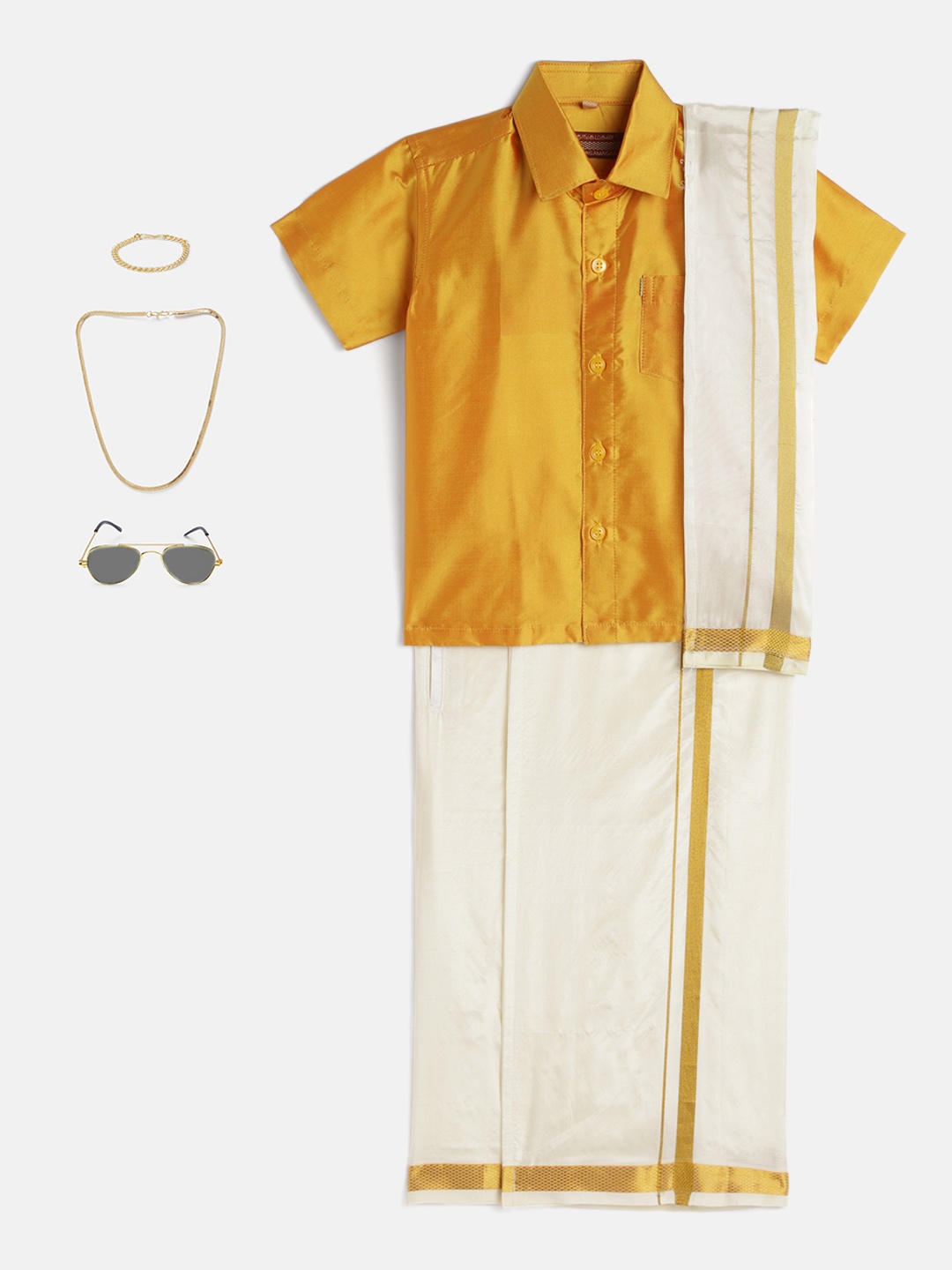 

THANGAMAGAN Boys Mustard Yellow & Cream-Coloured Shirt - Lungi - Angavastram & Accessories