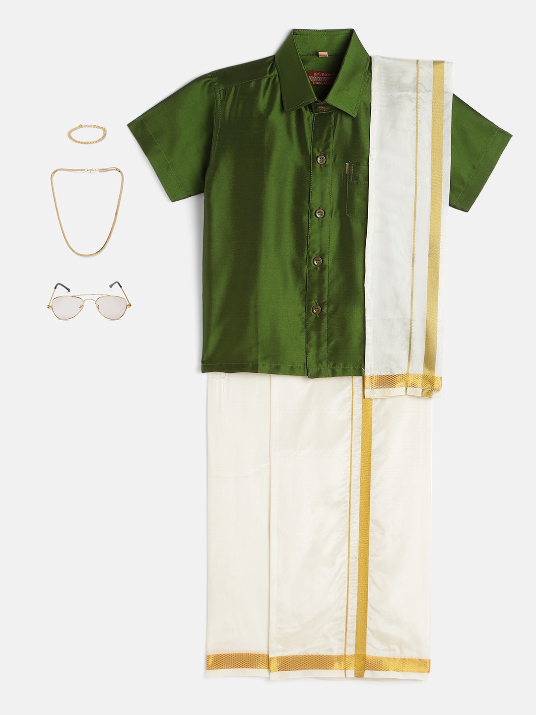 

THANGAMAGAN Boys Olive Green & Cream-Coloured Shirt - Lungi - Angavastram & Accessories