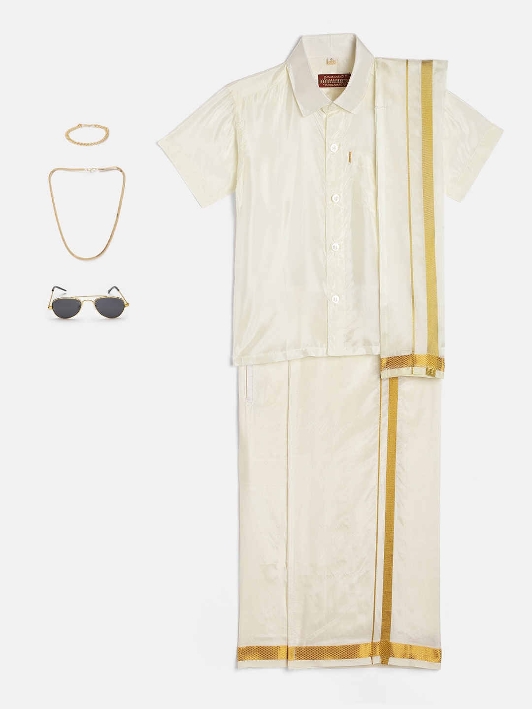

THANGAMAGAN Boys Beige Shirt with Self-attaching Dhoti, Towel And Freebies Set