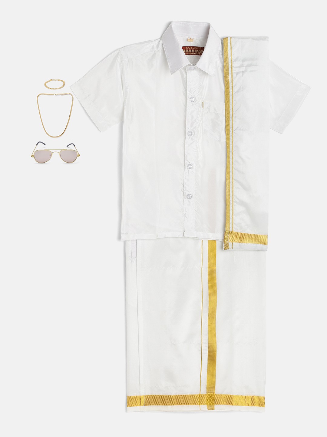 

Thangamagan Boys Set - Self-attaching Dhoti-Shirt-Towel with Freebies Set, White
