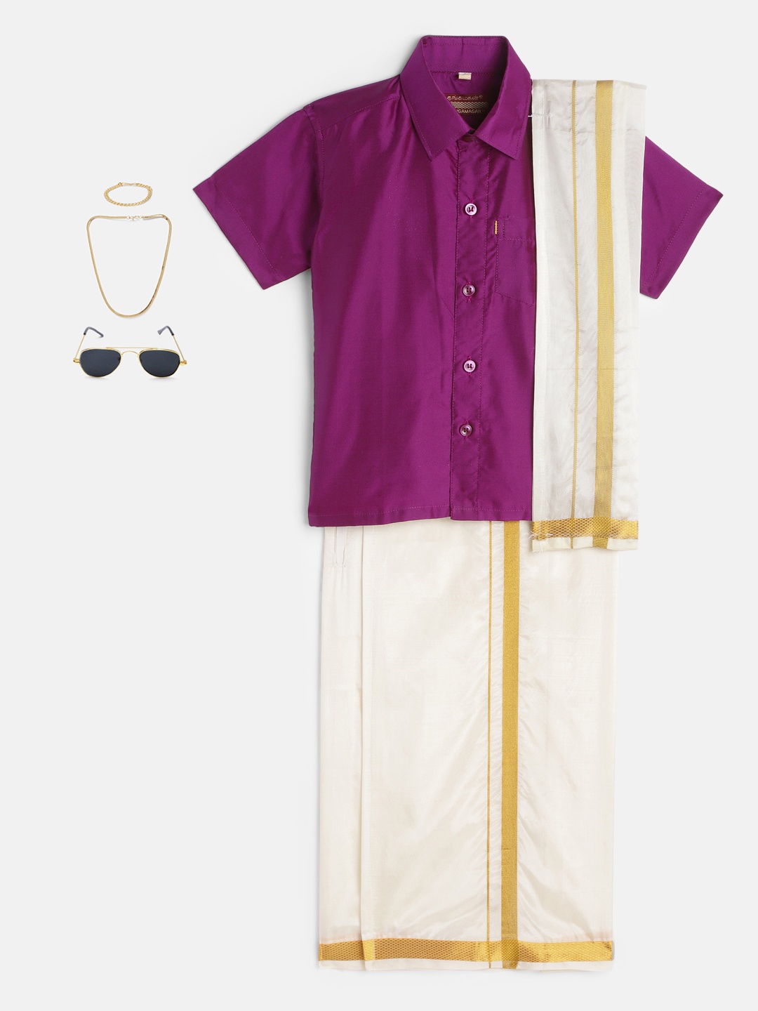 

Thangamagan Boys Set - Self-attaching Dhoti-Shirt-Towel with Freebies Set, Magenta