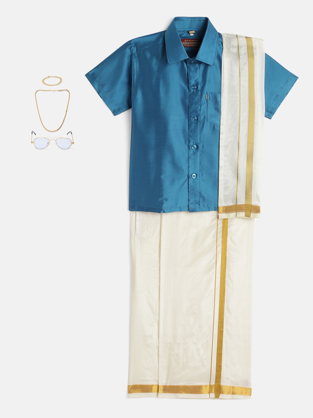 

THANGAMAGAN Boys Teal Blue & Cream-Coloured Shirt - Lungi - Angavastram & Accessories