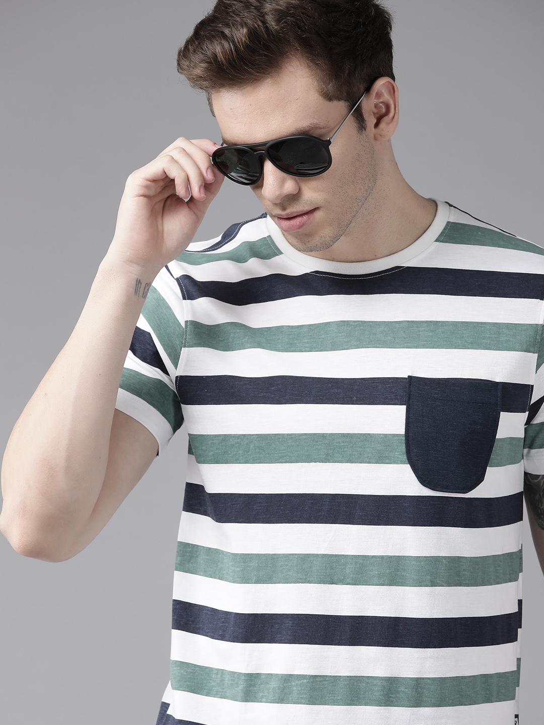 

Roadster Men White & Navy Blue Striped Pure Cotton T-shirt