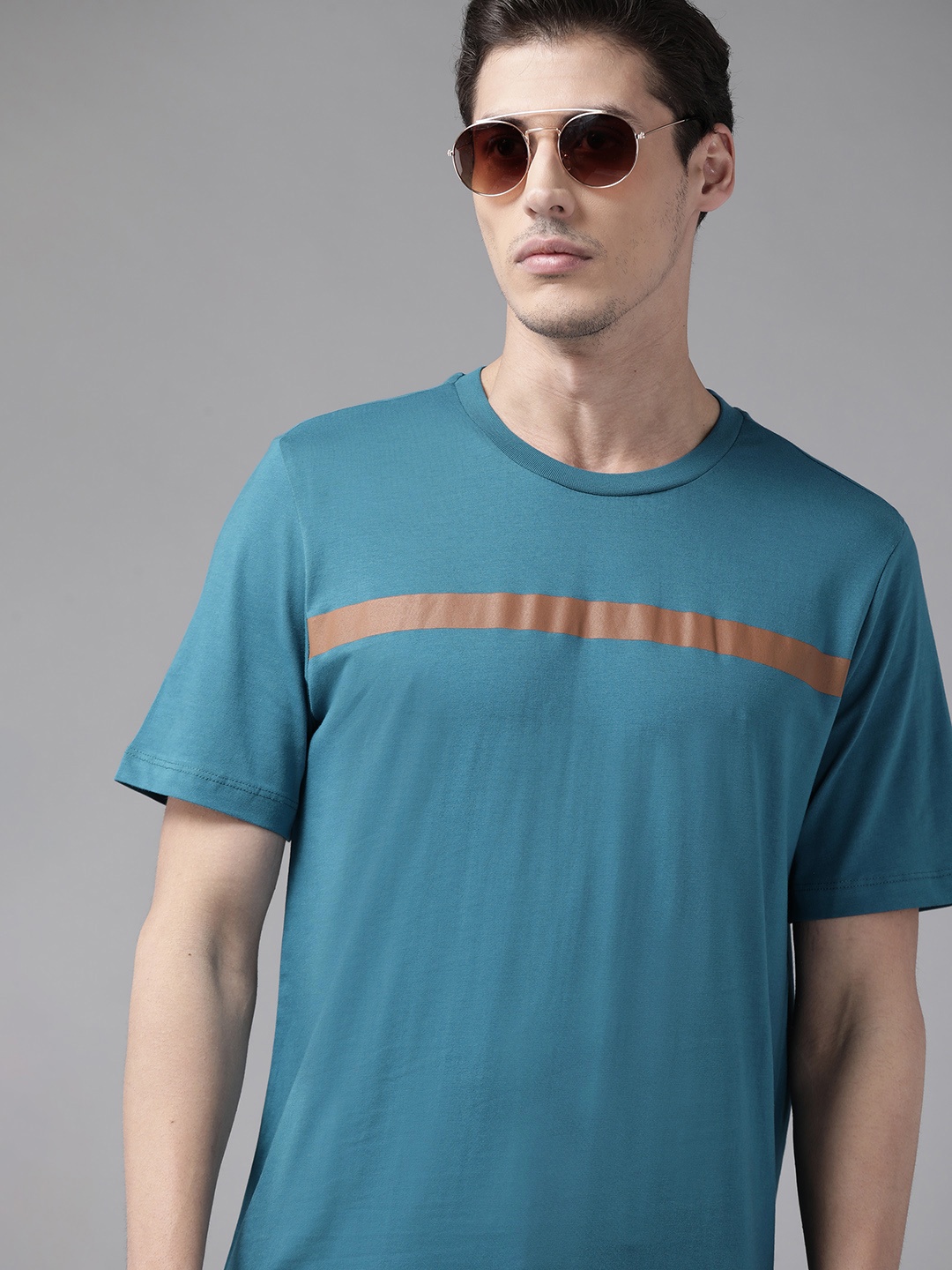 

The Roadster Lifestyle Co Men Teal Blue & Mustard Yellow Striped Cotton T-shirt