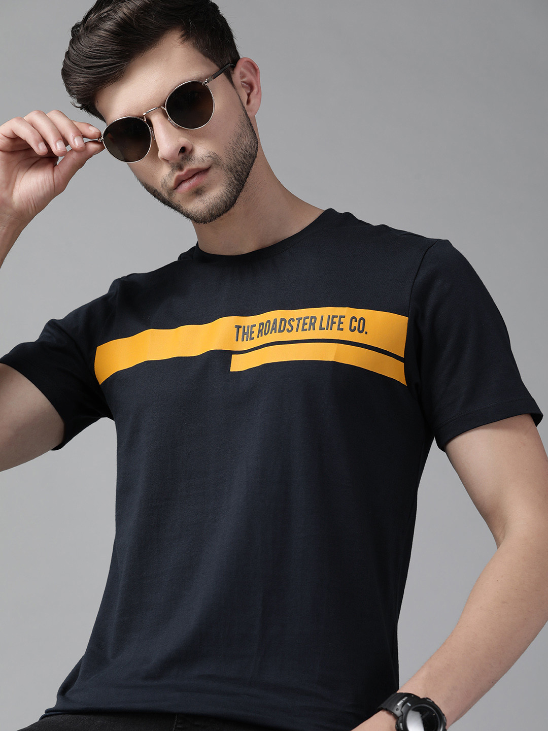 

Roadster Men Navy Blue Pure Cotton Brand Logo Striped T-shirt