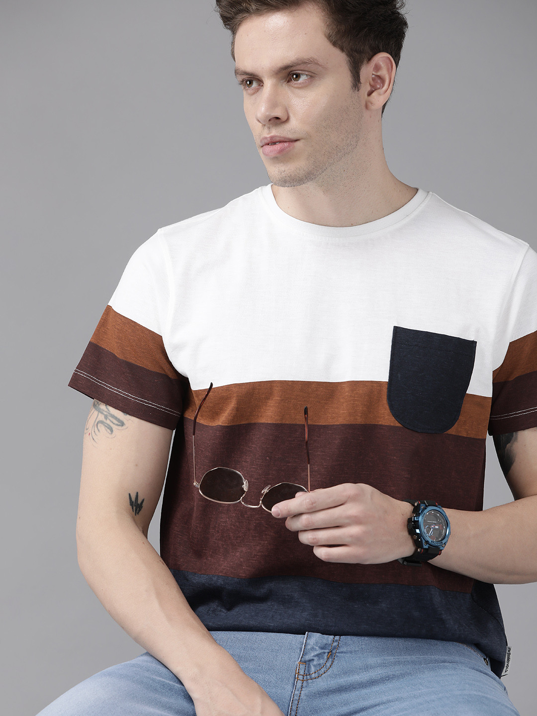 

Roadster Men White & Brown Colourblocked Pure Cotton T-shirt