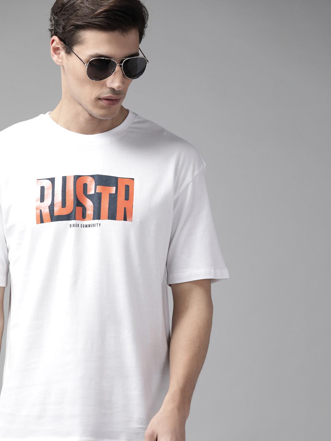 

The Roadster Lifestyle Co Men White & Rust Orange Brand Logo Printed Pure Cotton T-shirt