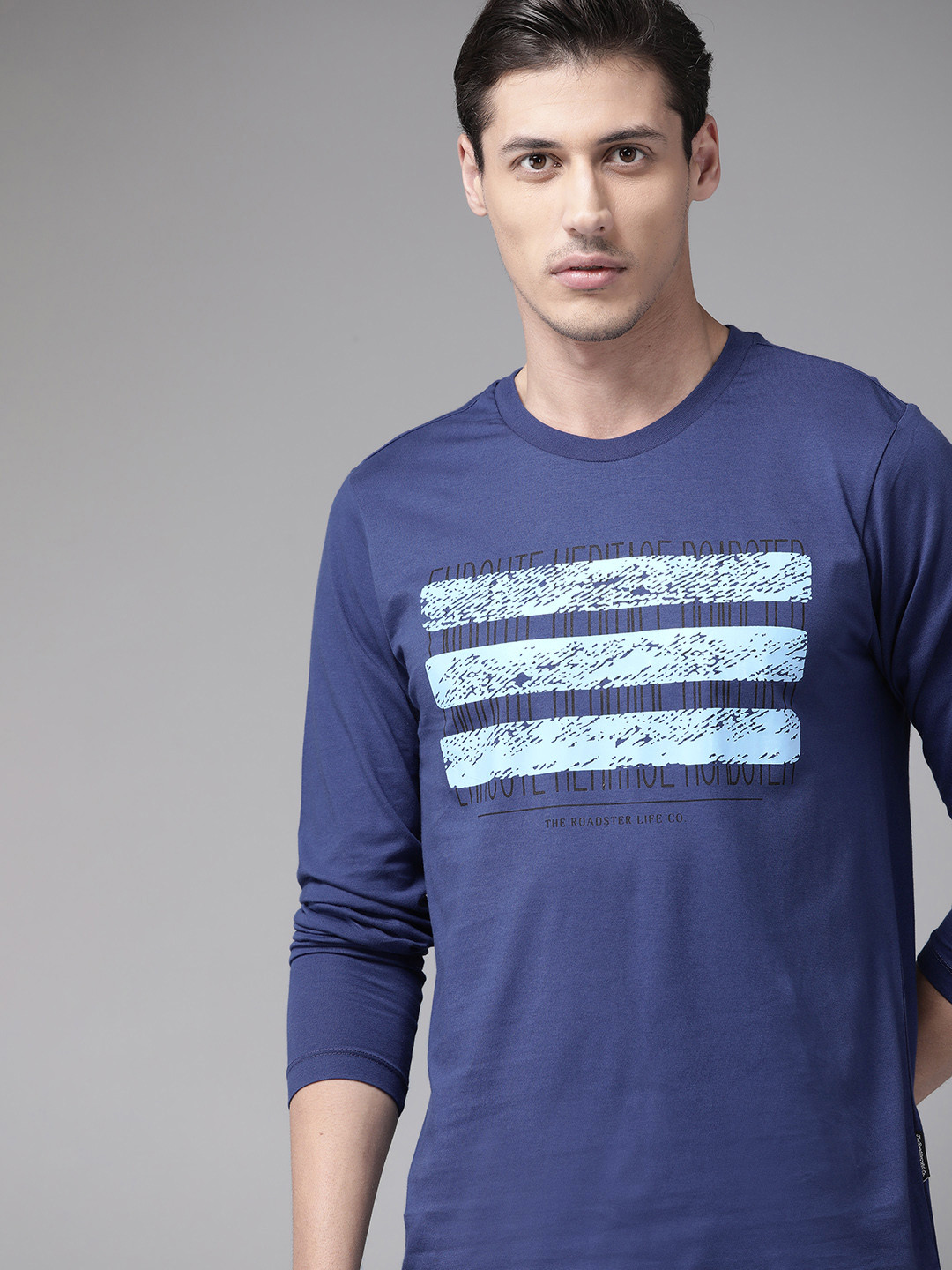 

The Roadster Lifestyle Co Men Navy Blue Striped Pure Cotton T-shirt