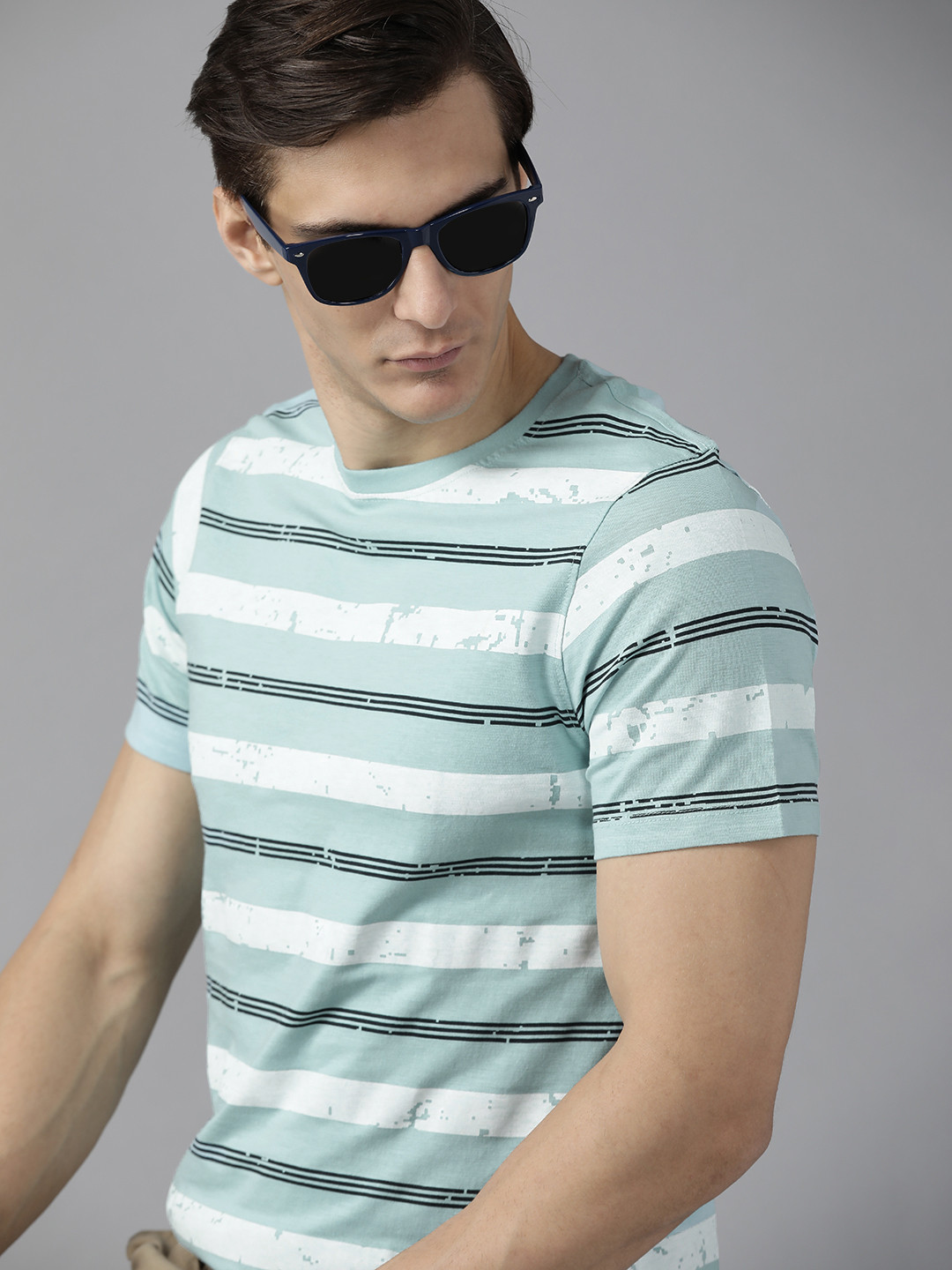 

Roadster Men Blue & White Striped Pure Cotton T-shirt