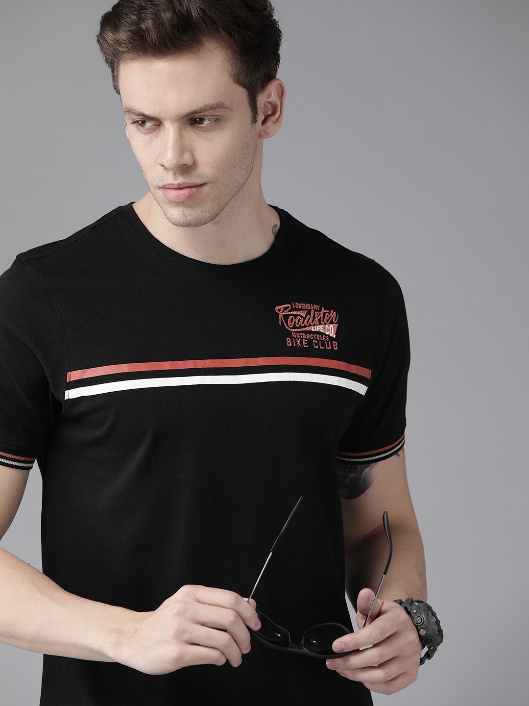 

Roadster Men Black Striped Pure Cotton Applique T-shirt