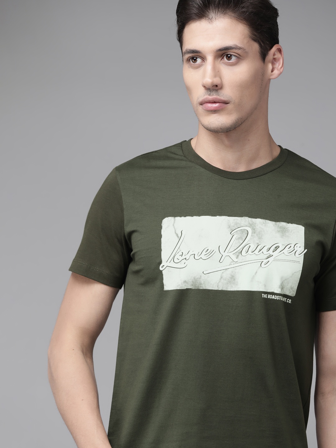 The Roadster Lifestyle Co Men Olive Green Typography Printed Pure Cotton T-shirt