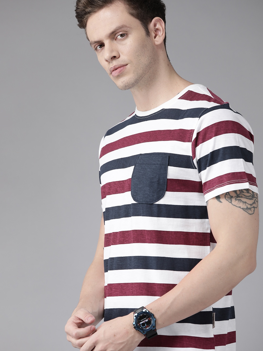 

Roadster Men White & Navy Blue Striped Pure Cotton T-shirt