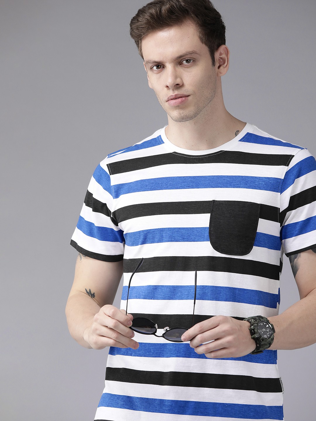 

Roadster Men Blue & White Striped Pure Cotton T-shirt