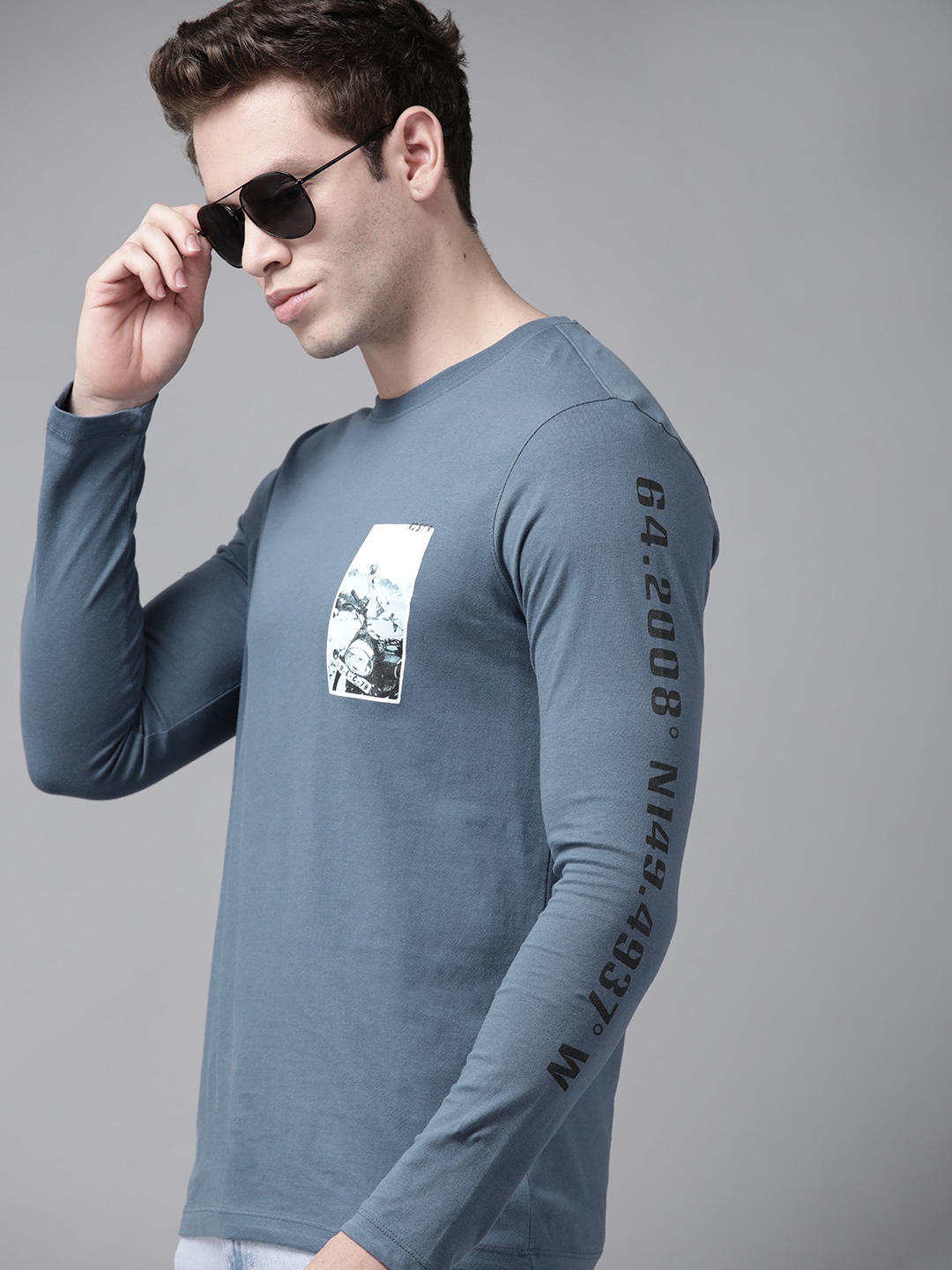 

Roadster Men Blue Pure Cotton Round Neck Printed T-shirt