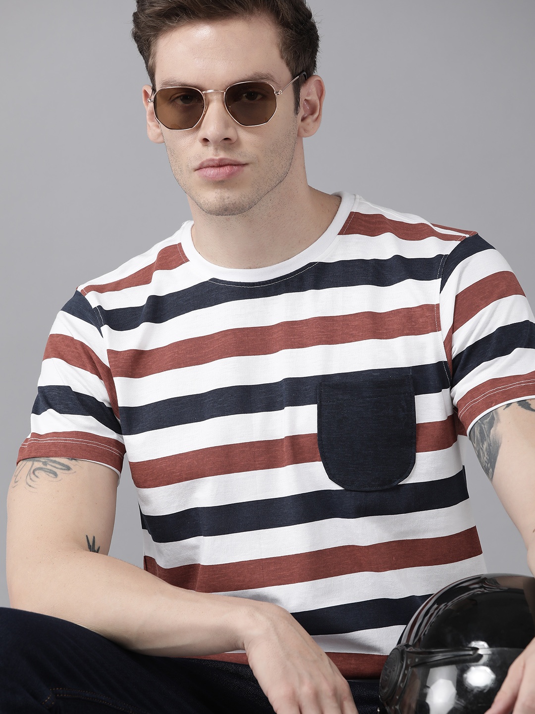 

Roadster Men White & Navy Blue Striped Pure Cotton T-shirt