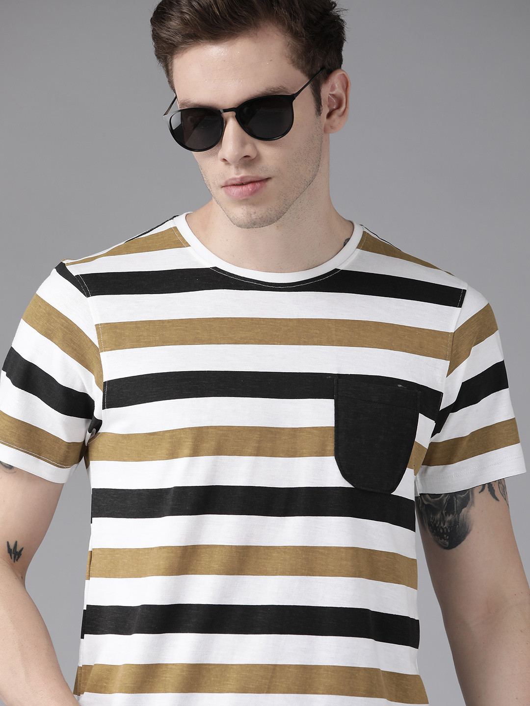 

Roadster Men White & Black Striped Pure Cotton T-shirt